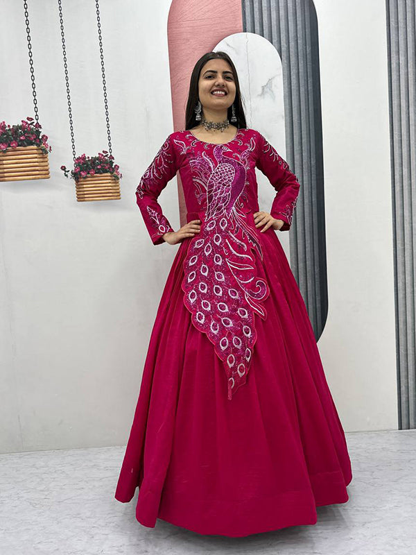 Dark Pink Peacock Embroidery Sequence Work Top With Lehenga Set