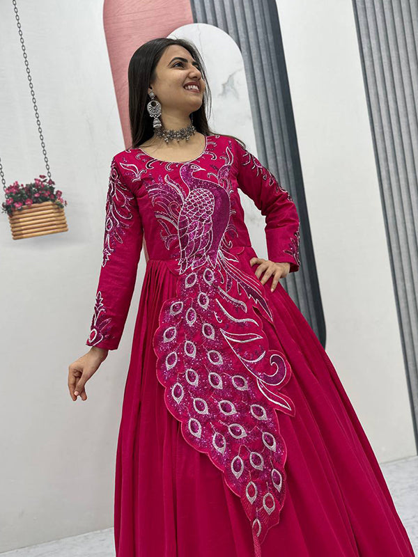 Dark Pink Peacock Embroidery Sequence Work Top With Lehenga Set