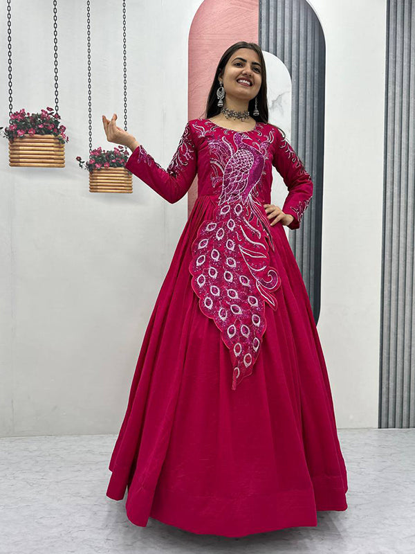 Dark Pink Peacock Embroidery Sequence Work Top With Lehenga Set