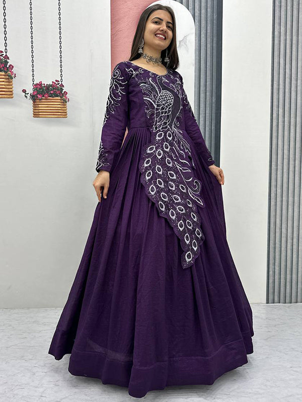 Purple Peacock Embroidery Sequence Work Top With Lehenga Set