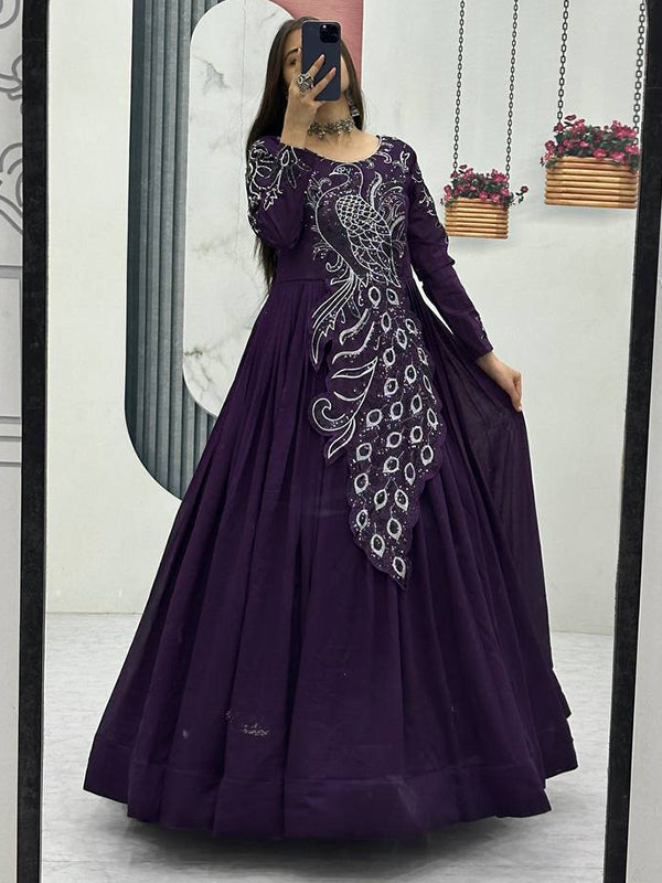 Purple Peacock Embroidery Sequence Work Top With Lehenga Set