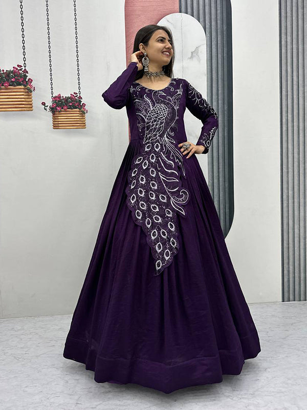 Purple Peacock Embroidery Sequence Work Top With Lehenga Set