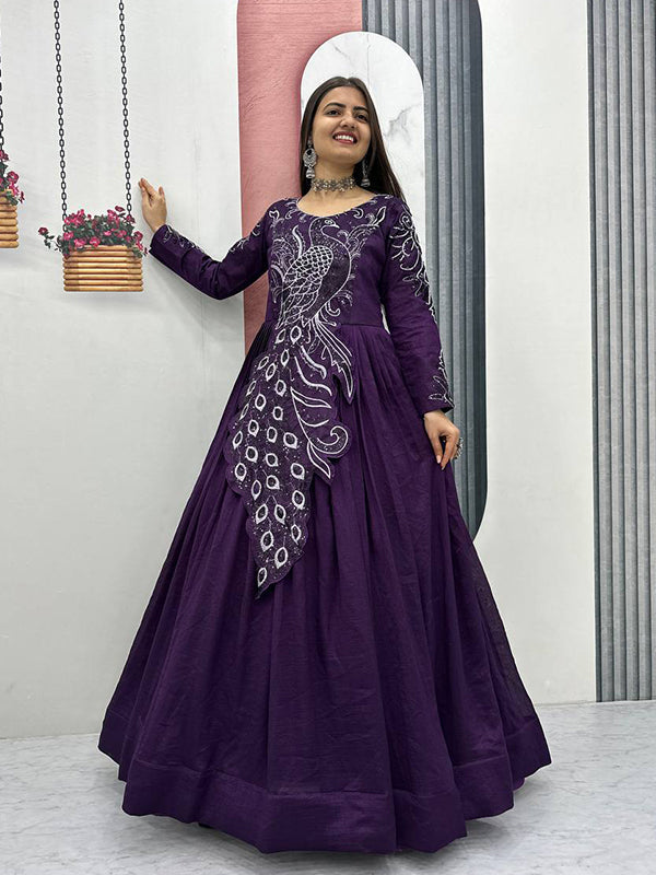 Purple Peacock Embroidery Sequence Work Top With Lehenga Set