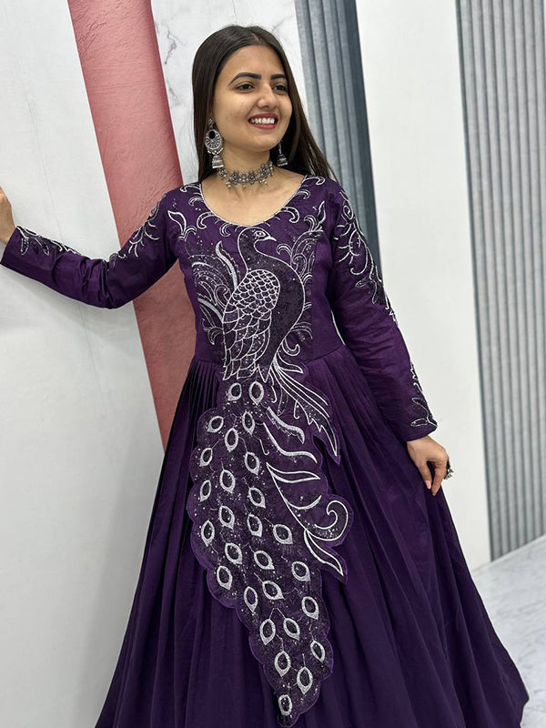Purple Peacock Embroidery Sequence Work Top With Lehenga Set
