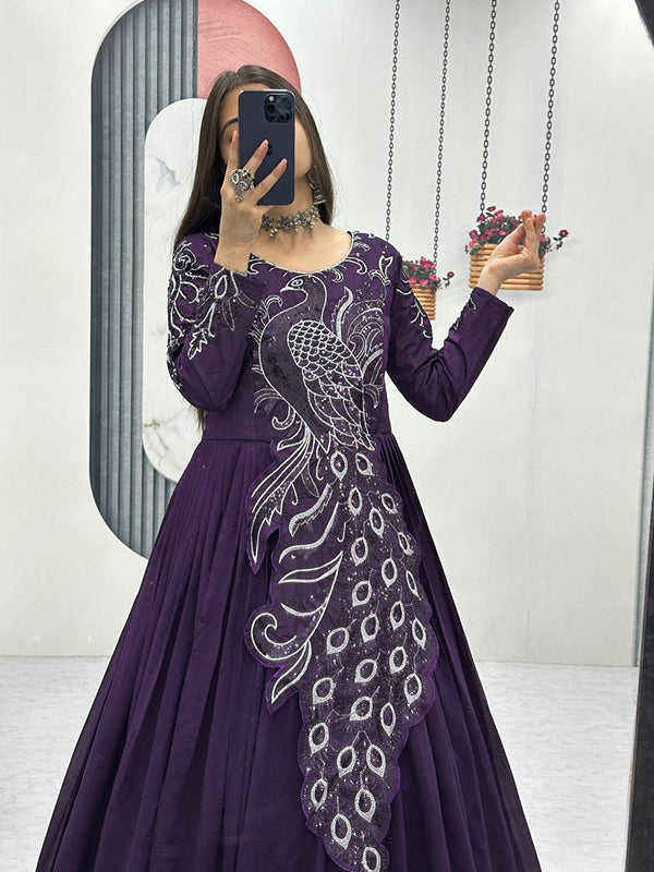 Purple Peacock Embroidery Sequence Work Top With Lehenga Set