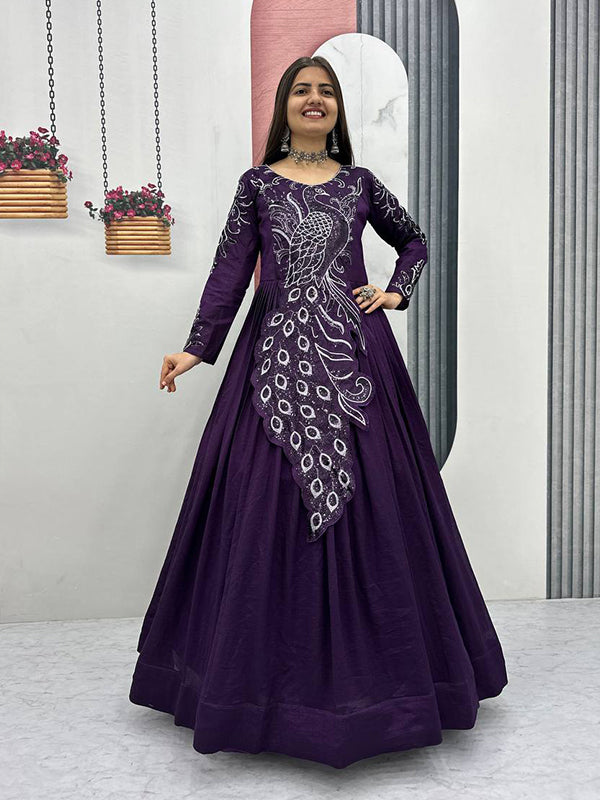 Purple Peacock Embroidery Sequence Work Top With Lehenga Set