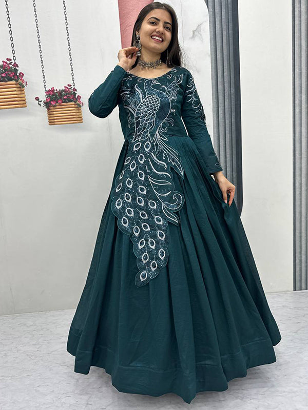 Teal Blue Peacock Embroidery Sequence Work Top With Lehenga Set