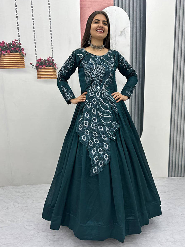 Teal Blue Peacock Embroidery Sequence Work Top With Lehenga Set