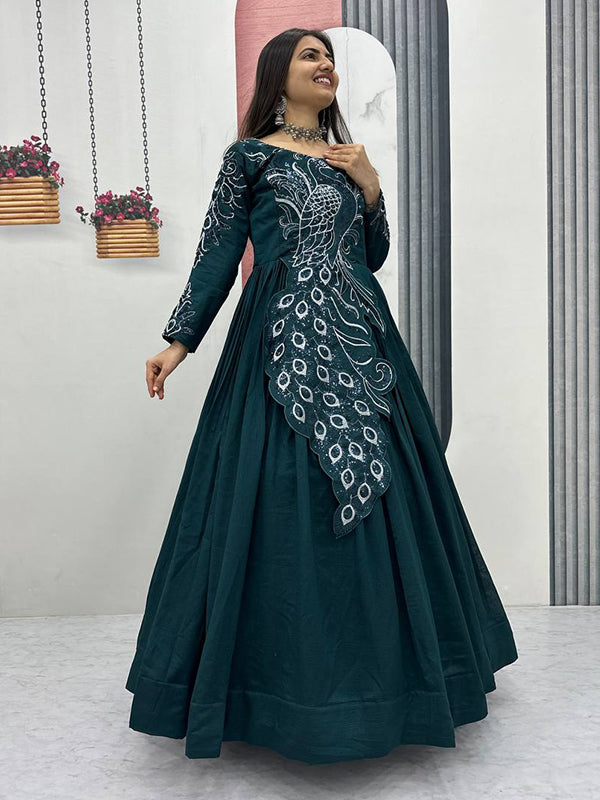 Teal Blue Peacock Embroidery Sequence Work Top With Lehenga Set