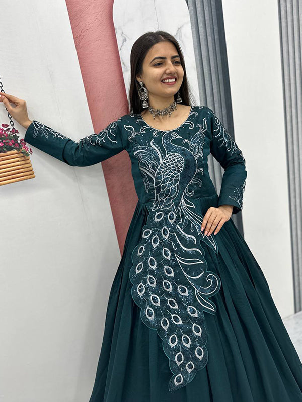 Teal Blue Peacock Embroidery Sequence Work Top With Lehenga Set
