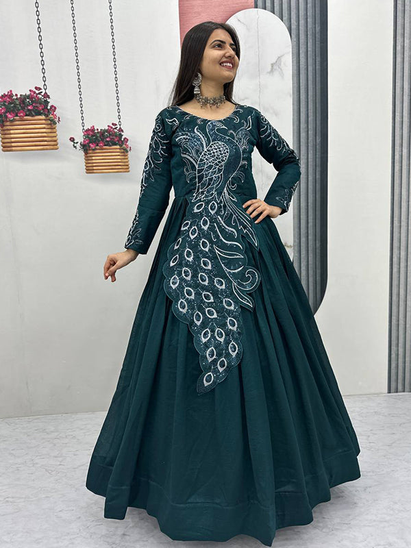 Teal Blue Peacock Embroidery Sequence Work Top With Lehenga Set