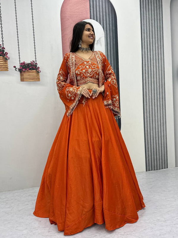 Orange Thread Sequence Work Chinon Lehenga Choli With Shrug