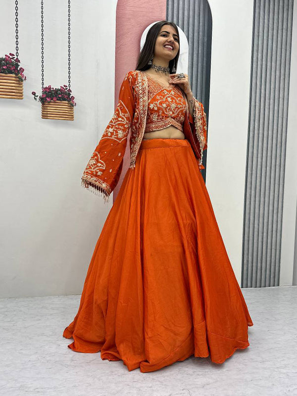 Orange Thread Sequence Work Chinon Lehenga Choli With Shrug