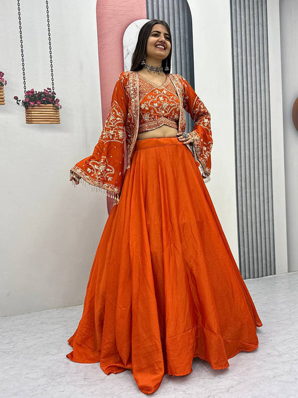 Orange Thread Sequence Work Chinon Lehenga Choli With Shrug