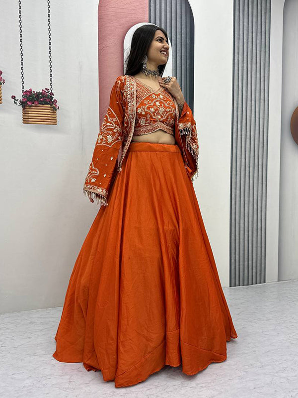 Orange Thread Sequence Work Chinon Lehenga Choli With Shrug
