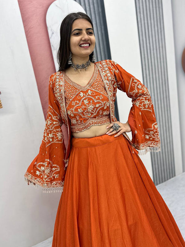 Orange Thread Sequence Work Chinon Lehenga Choli With Shrug