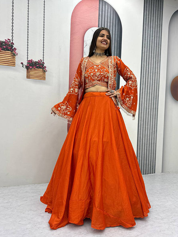 Orange Thread Sequence Work Chinon Lehenga Choli With Shrug