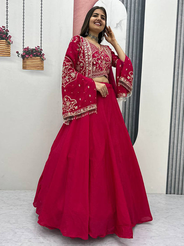 Pink Thread Sequence Work Chinon Lehenga Choli With Shrug