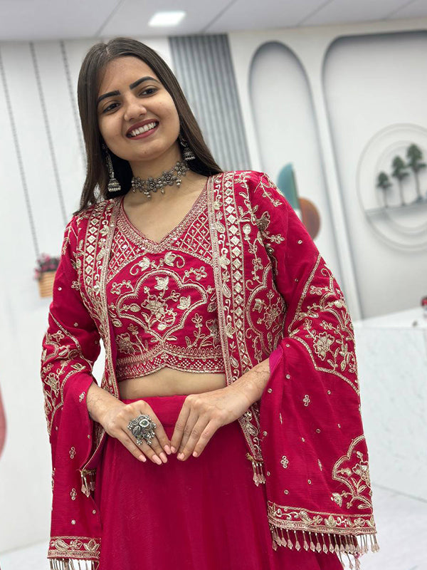 Pink Thread Sequence Work Chinon Lehenga Choli With Shrug
