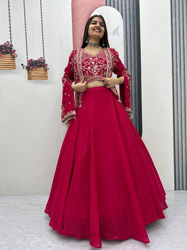 Pink Thread Sequence Work Chinon Lehenga Choli With Shrug