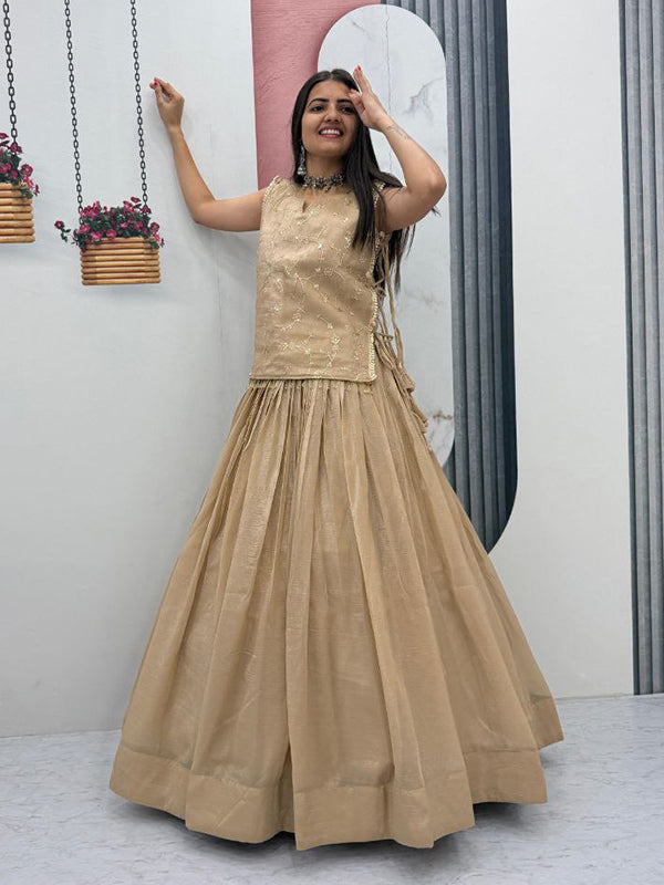 Beige Crunchy Silk Lehenga Choli With Thread Sequence Work Jacket