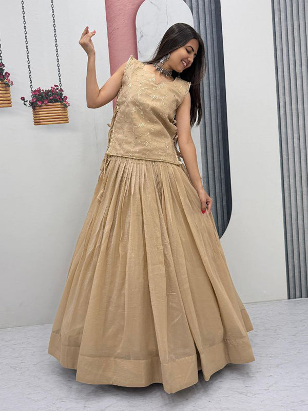 Beige Crunchy Silk Lehenga Choli With Thread Sequence Work Jacket