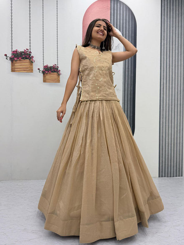 Beige Crunchy Silk Lehenga Choli With Thread Sequence Work Jacket