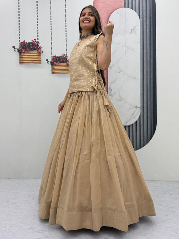 Beige Crunchy Silk Lehenga Choli With Thread Sequence Work Jacket