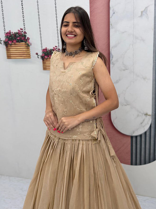 Beige Crunchy Silk Lehenga Choli With Thread Sequence Work Jacket