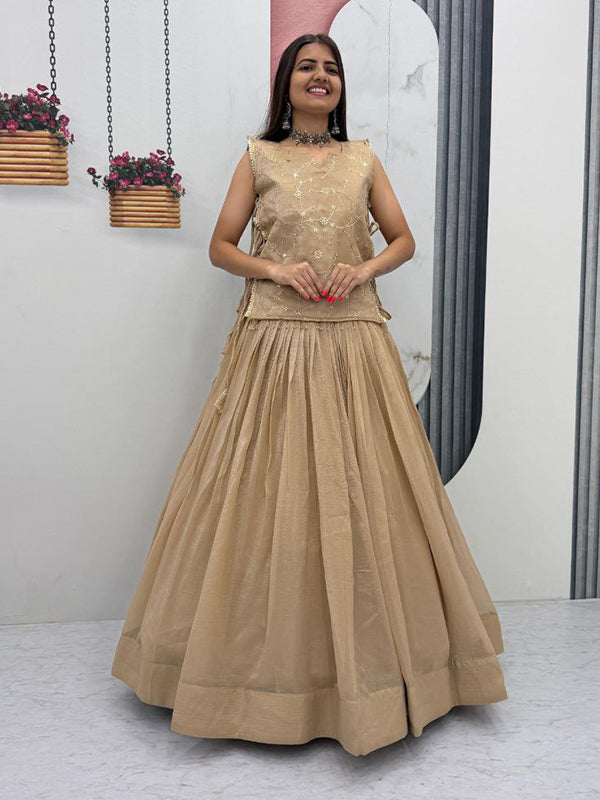 Beige Crunchy Silk Lehenga Choli With Thread Sequence Work Jacket
