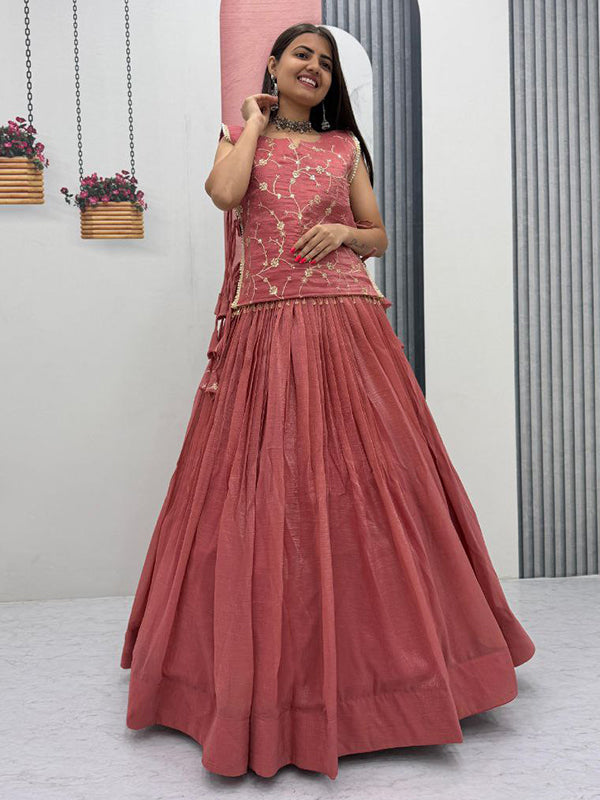 Peach Crunchy Silk Lehenga Choli With Thread Sequence Work Jacket
