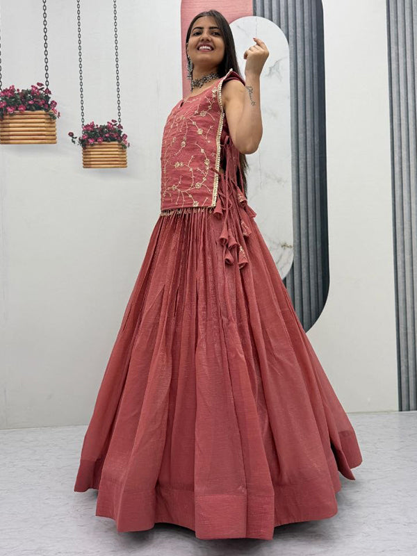 Peach Crunchy Silk Lehenga Choli With Thread Sequence Work Jacket