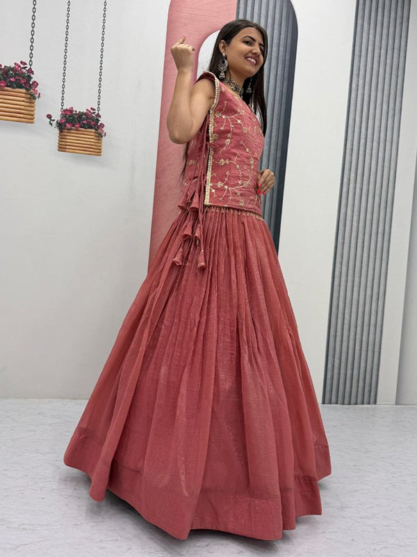 Peach Crunchy Silk Lehenga Choli With Thread Sequence Work Jacket