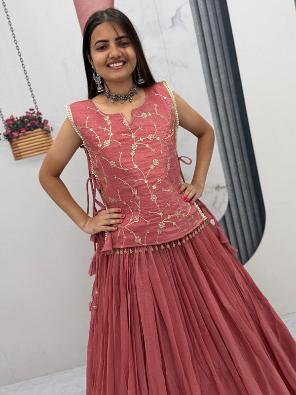 Peach Crunchy Silk Lehenga Choli With Thread Sequence Work Jacket