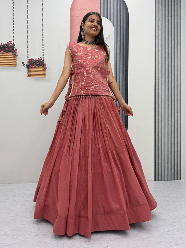 Peach Crunchy Silk Lehenga Choli With Thread Sequence Work Jacket
