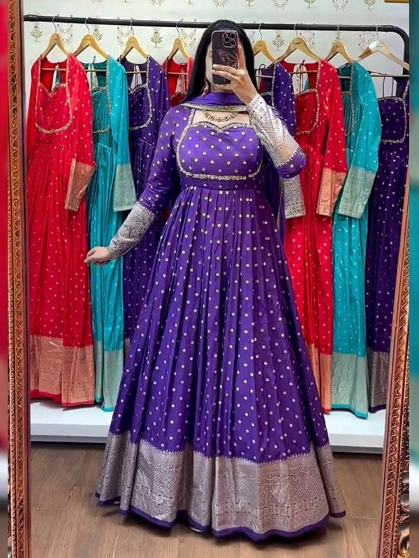 Purple Jacquard Weaving Fully Flair Gown With Dupatta
