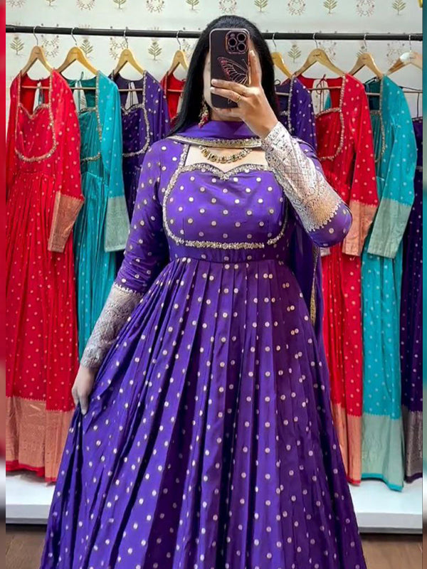 Purple Jacquard Weaving Fully Flair Gown With Dupatta