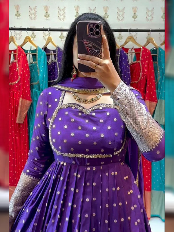 Purple Jacquard Weaving Fully Flair Gown With Dupatta