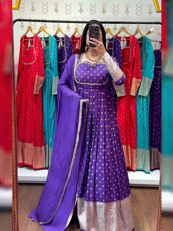 Purple Jacquard Weaving Fully Flair Gown With Dupatta