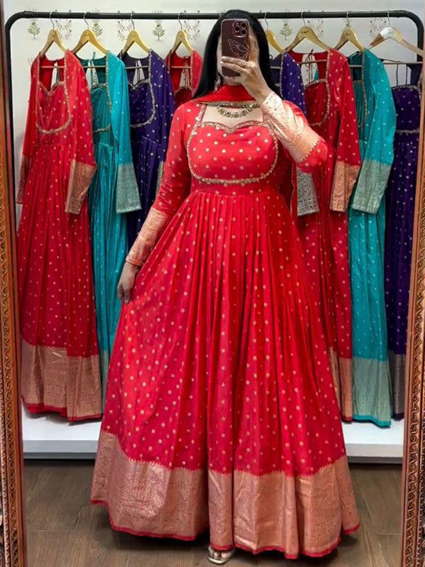 Red Jacquard Weaving Fully Flair Gown With Dupatta