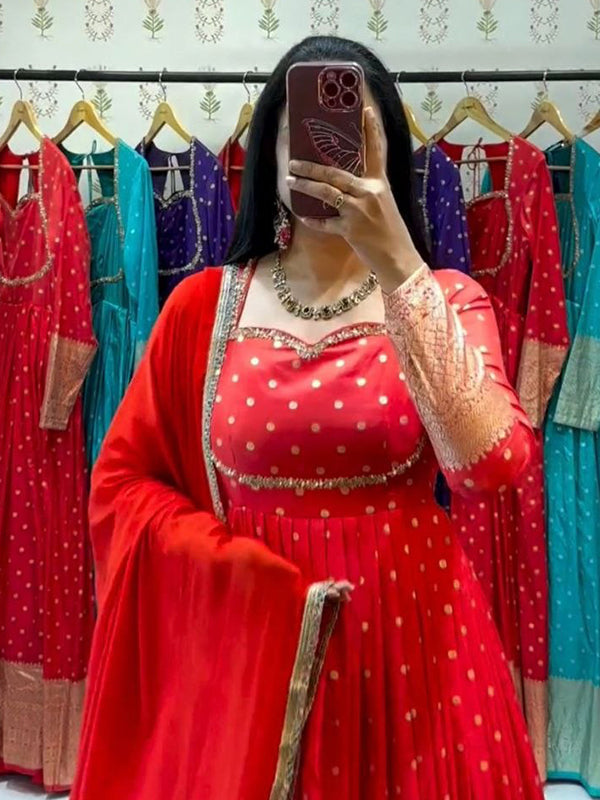 Red Jacquard Weaving Fully Flair Gown With Dupatta