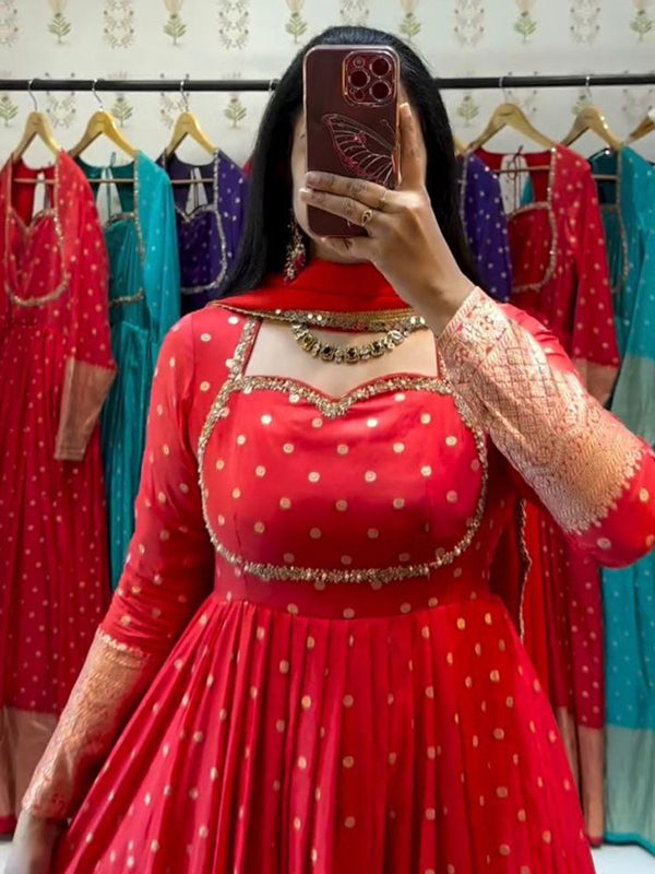 Red Jacquard Weaving Fully Flair Gown With Dupatta