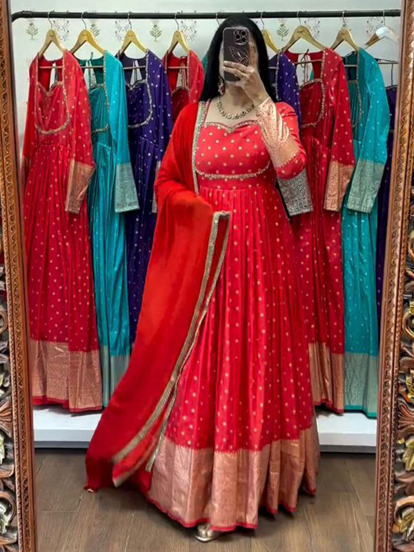 Red Jacquard Weaving Fully Flair Gown With Dupatta