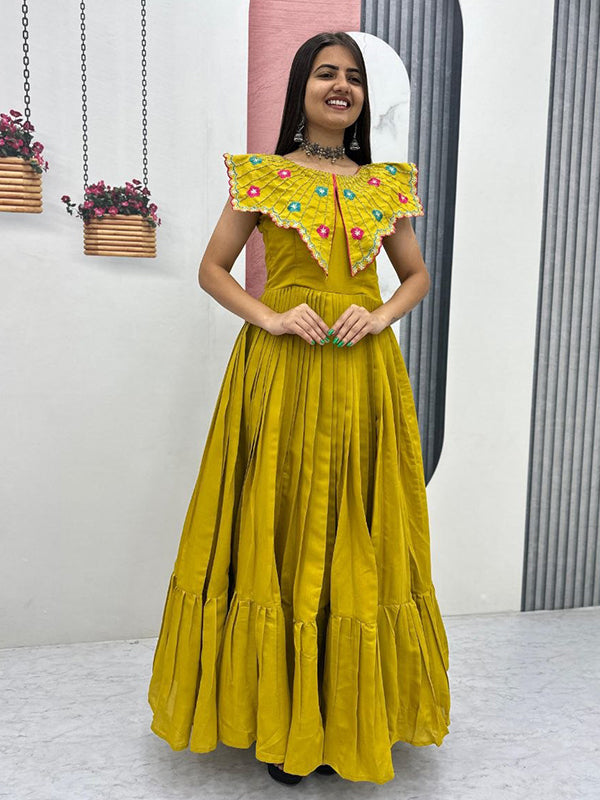 Mustard Yellow Embroidery & Khatli Work Fully Flair Roman Silk Gown