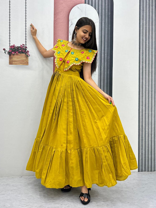Mustard Yellow Embroidery & Khatli Work Fully Flair Roman Silk Gown