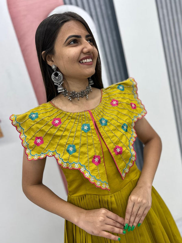 Mustard Yellow Embroidery & Khatli Work Fully Flair Roman Silk Gown