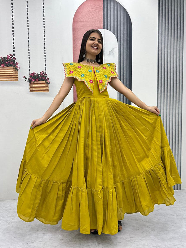 Mustard Yellow Embroidery & Khatli Work Fully Flair Roman Silk Gown