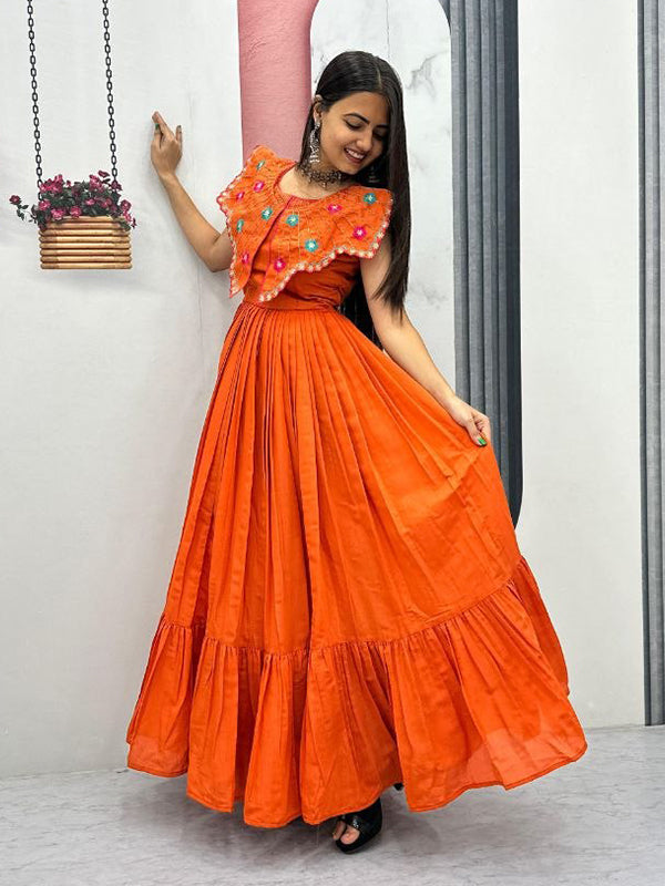 Orange Embroidery & Khatli Work Fully Flair Roman Silk Gown