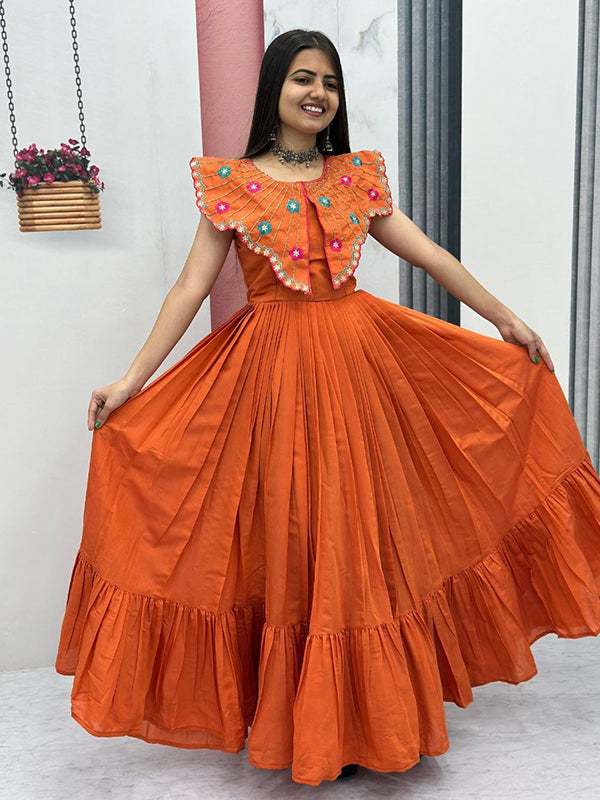 Orange Embroidery & Khatli Work Fully Flair Roman Silk Gown