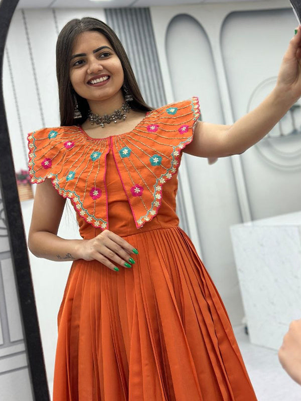 Orange Embroidery & Khatli Work Fully Flair Roman Silk Gown